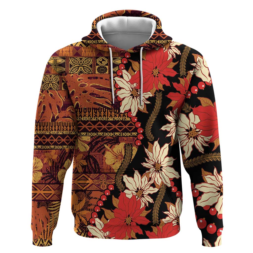 Hawaii Christmas Poinsettia Lei Zip Hoodie Tapa Pattern LT01 Pullover Hoodie Brown - Polynesian Pride