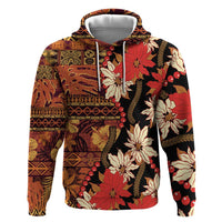 Hawaii Christmas Poinsettia Lei Zip Hoodie Tapa Pattern LT01 Pullover Hoodie Brown - Polynesian Pride