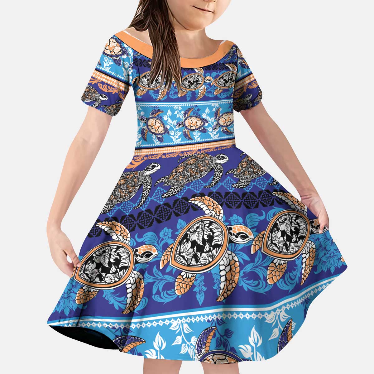 Hawaii Turtles Pattern Special Blue Kid Short Sleeve Dress LT01 KID Blue - Polynesian Pride