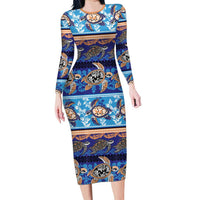 Hawaii Turtles Pattern Special Blue Long Sleeve Bodycon Dress LT01 Long Dress Blue - Polynesian Pride