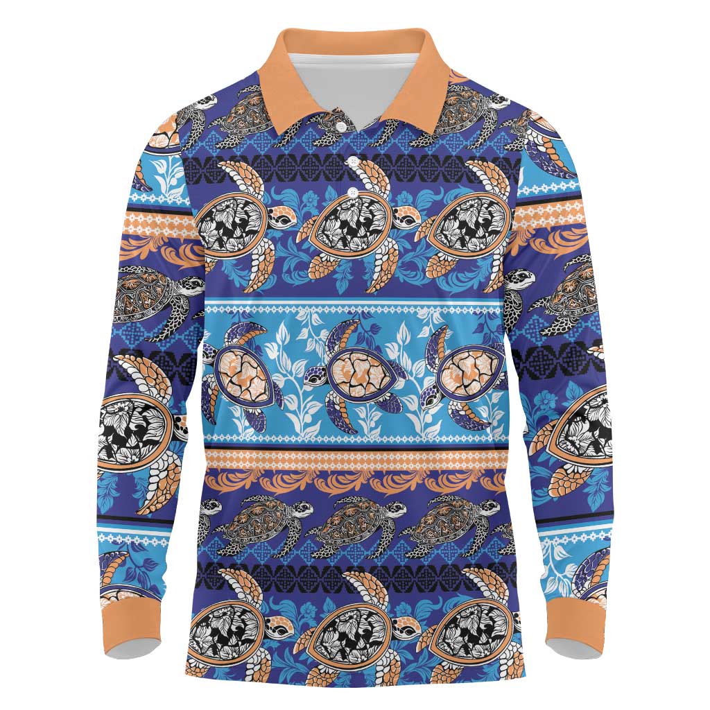 Hawaii Turtles Pattern Special Blue Long Sleeve Polo Shirt LT01 Blue - Polynesian Pride