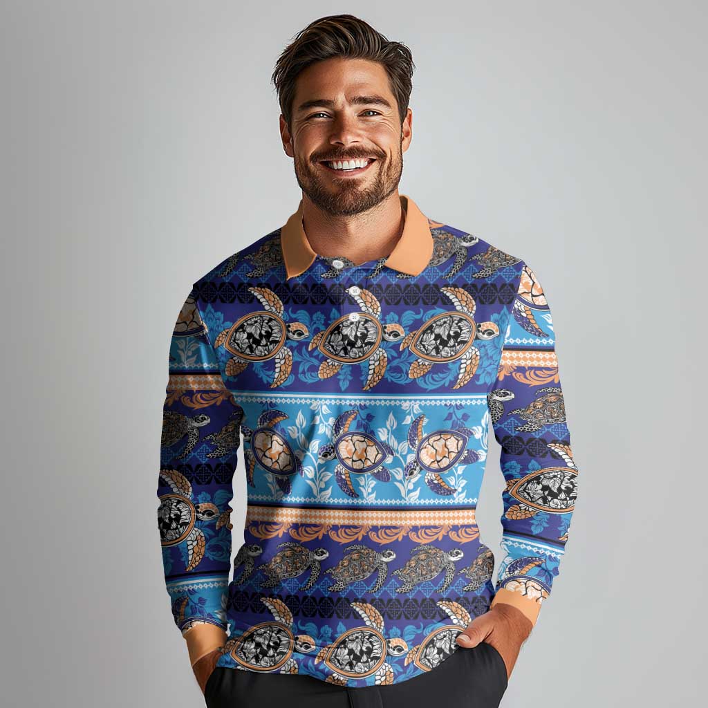 Hawaii Turtles Pattern Special Blue Long Sleeve Polo Shirt LT01 - Polynesian Pride