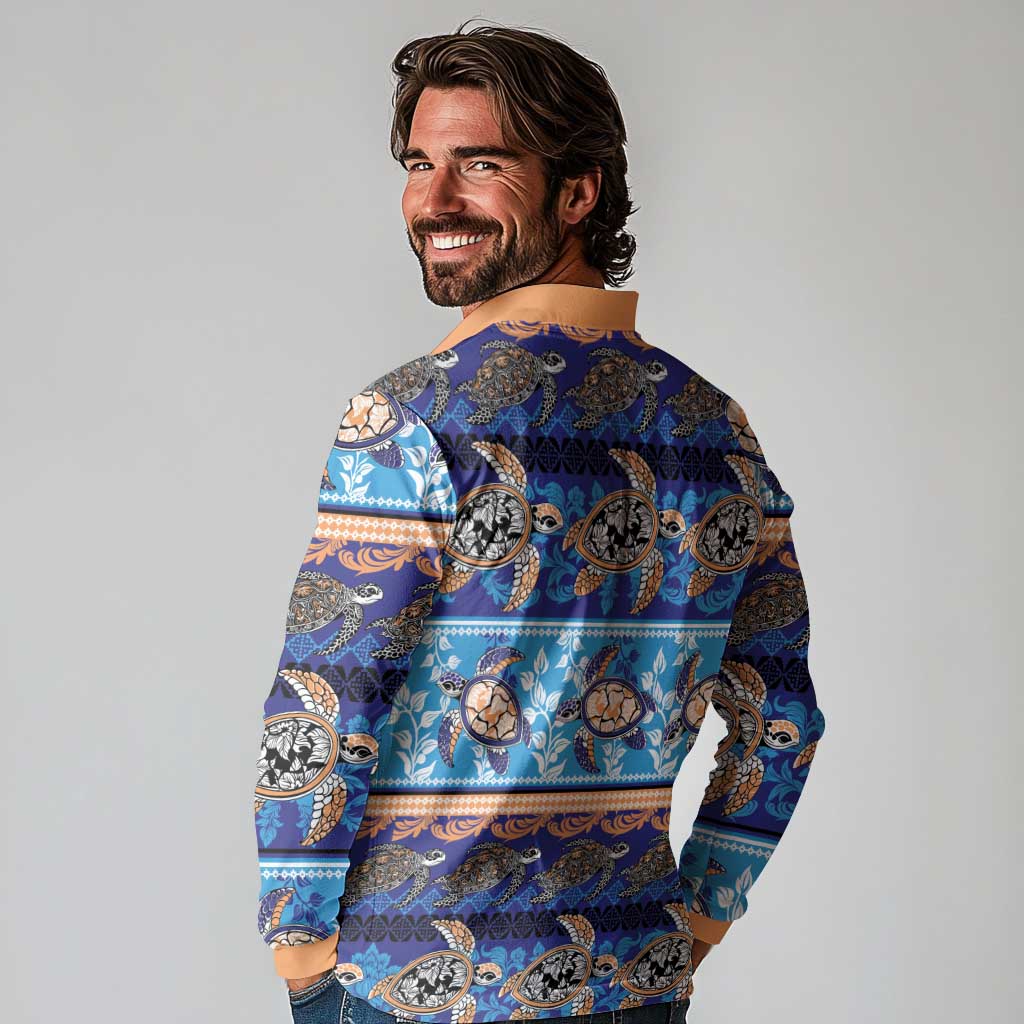 Hawaii Turtles Pattern Special Blue Long Sleeve Polo Shirt LT01 - Polynesian Pride