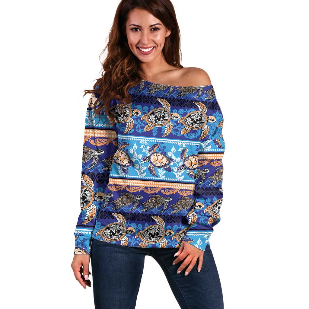 Hawaii Turtles Pattern Special Blue Off Shoulder Sweater LT01 Women Blue - Polynesian Pride