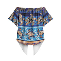 Hawaii Turtles Pattern Special Blue Off Shoulder Wrap Waist Top LT01 - Polynesian Pride