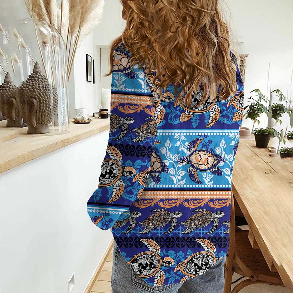 Hawaii Turtles Pattern Special Blue Women Casual Shirt LT01 - Polynesian Pride
