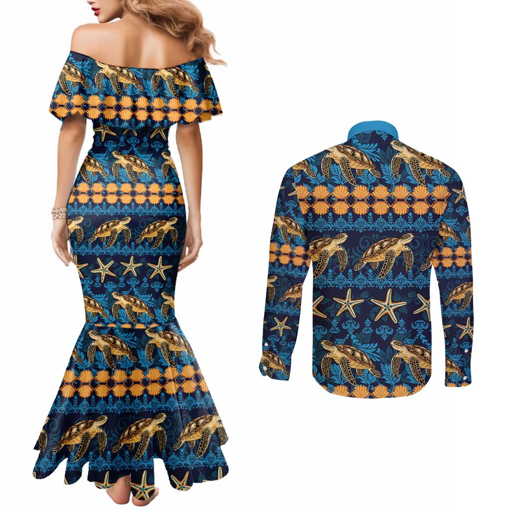 Hawaii Turtles Starfish Unique Pattern Couples Matching Mermaid Dress and Long Sleeve Button Shirt LT01 - Polynesian Pride