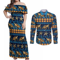 Hawaii Turtles Starfish Unique Pattern Couples Matching Off Shoulder Maxi Dress and Long Sleeve Button Shirt LT01 Blue - Polynesian Pride