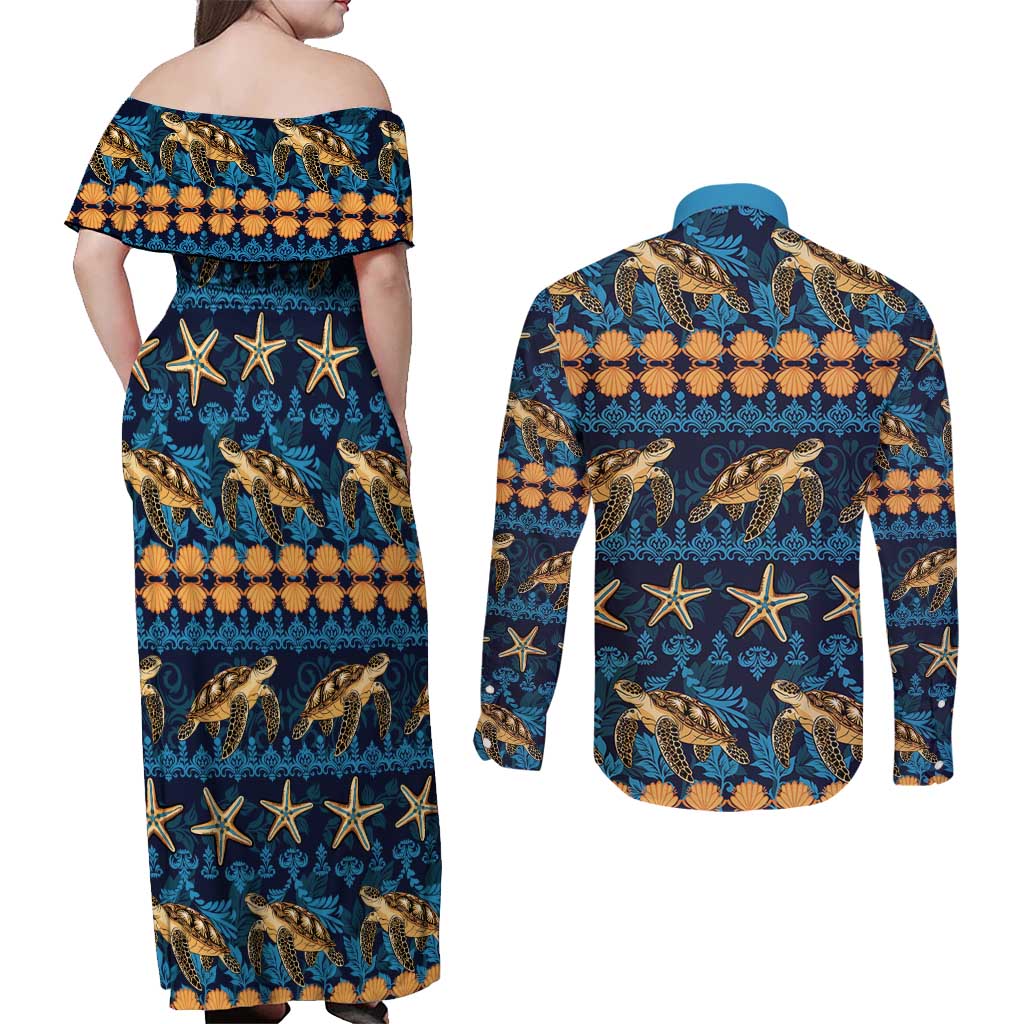 Hawaii Turtles Starfish Unique Pattern Couples Matching Off Shoulder Maxi Dress and Long Sleeve Button Shirt LT01 - Polynesian Pride