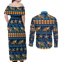 Hawaii Turtles Starfish Unique Pattern Couples Matching Off Shoulder Maxi Dress and Long Sleeve Button Shirt LT01 - Polynesian Pride