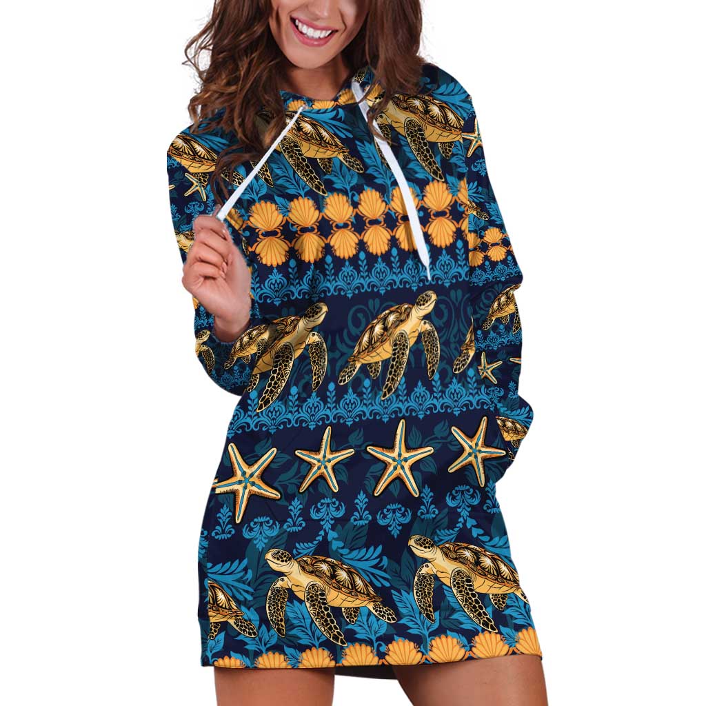 Hawaii Turtles Starfish Unique Pattern Hoodie Dress LT01 Blue - Polynesian Pride