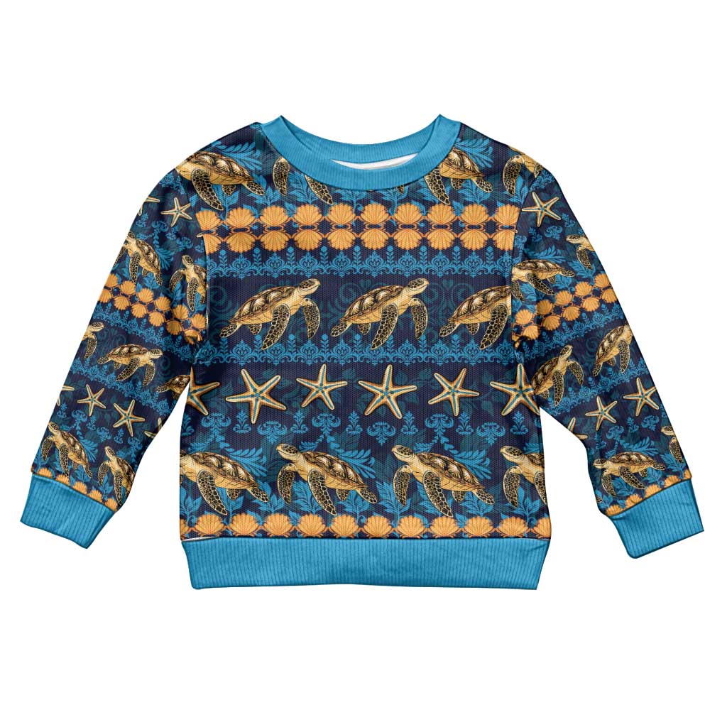 Hawaii Turtles Starfish Unique Pattern Kid Ugly Christmas Sweater LT01 Kid Blue - Polynesian Pride