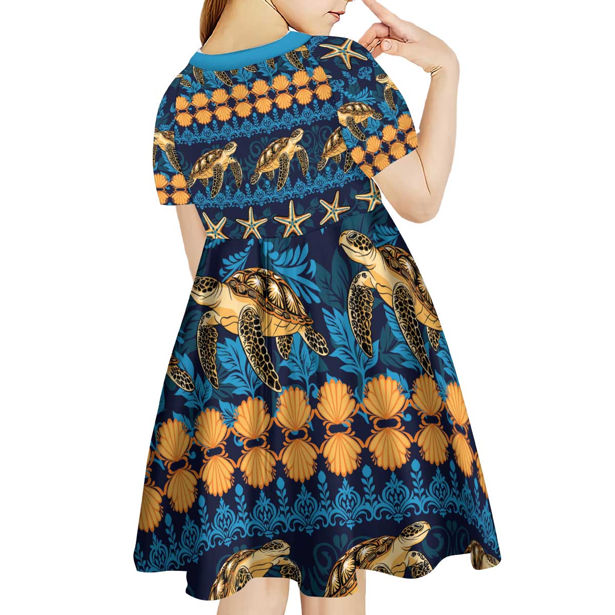 Hawaii Turtles Starfish Unique Pattern Kid Short Sleeve Dress LT01 - Polynesian Pride