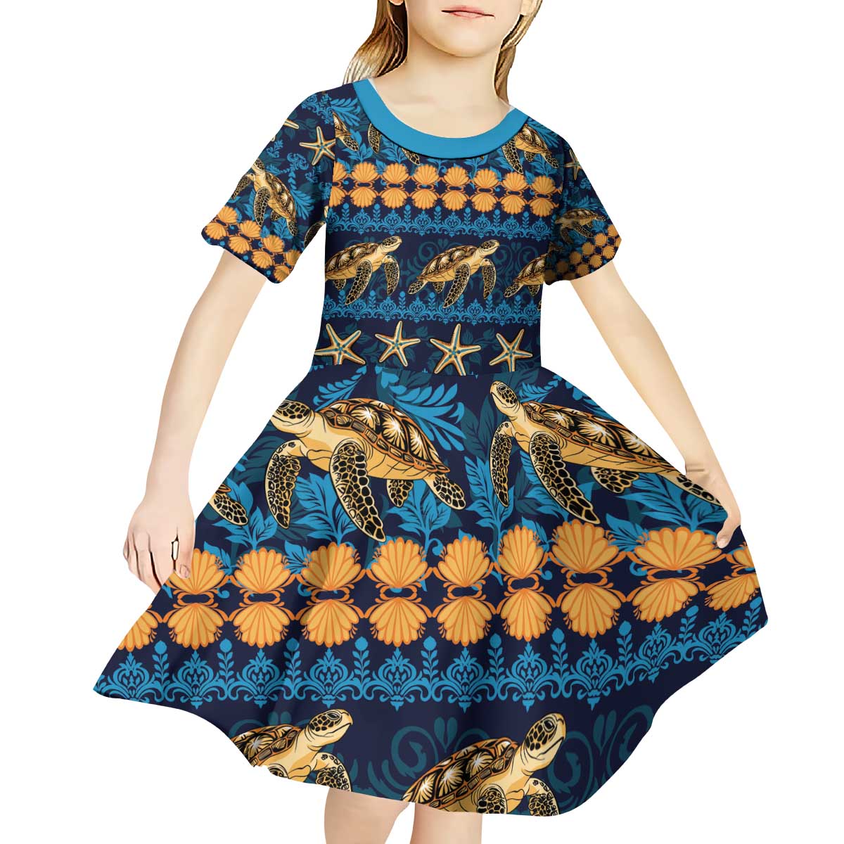 Hawaii Turtles Starfish Unique Pattern Kid Short Sleeve Dress LT01 - Polynesian Pride