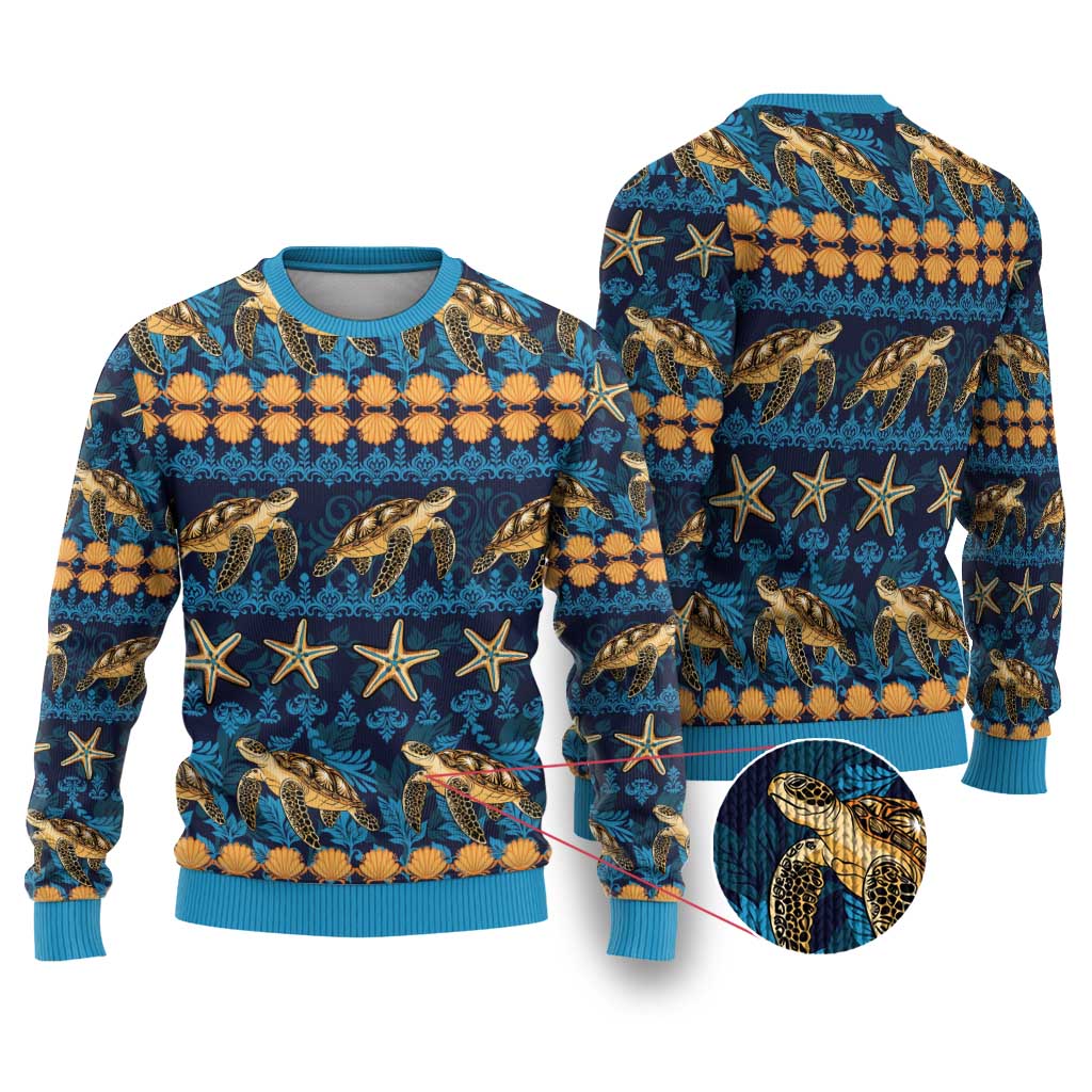 Hawaii Turtles Starfish Unique Pattern Ugly Christmas Sweater LT01 Blue - Polynesian Pride