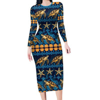 Hawaii Turtles Starfish Unique Pattern Long Sleeve Bodycon Dress LT01 Long Dress Blue - Polynesian Pride