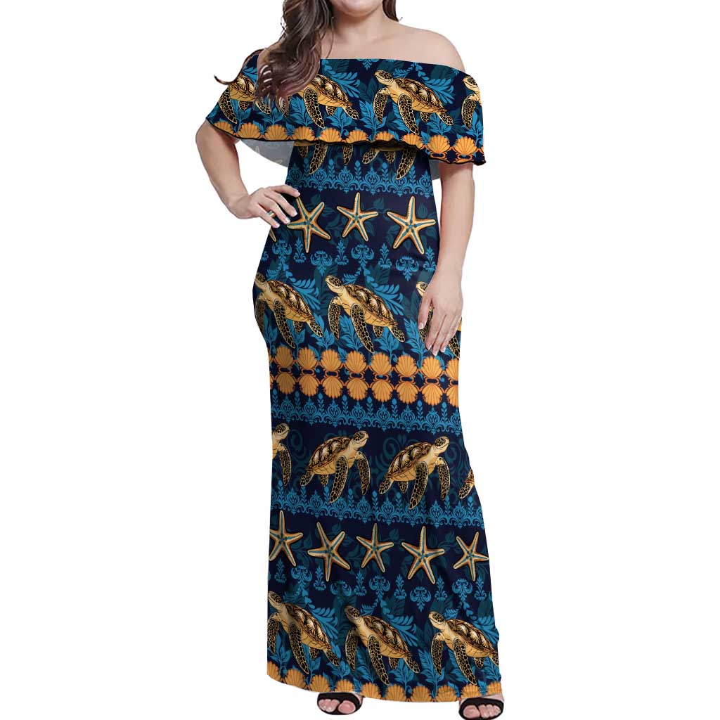 Hawaii Turtles Starfish Unique Pattern Off Shoulder Maxi Dress LT01 Women Blue - Polynesian Pride