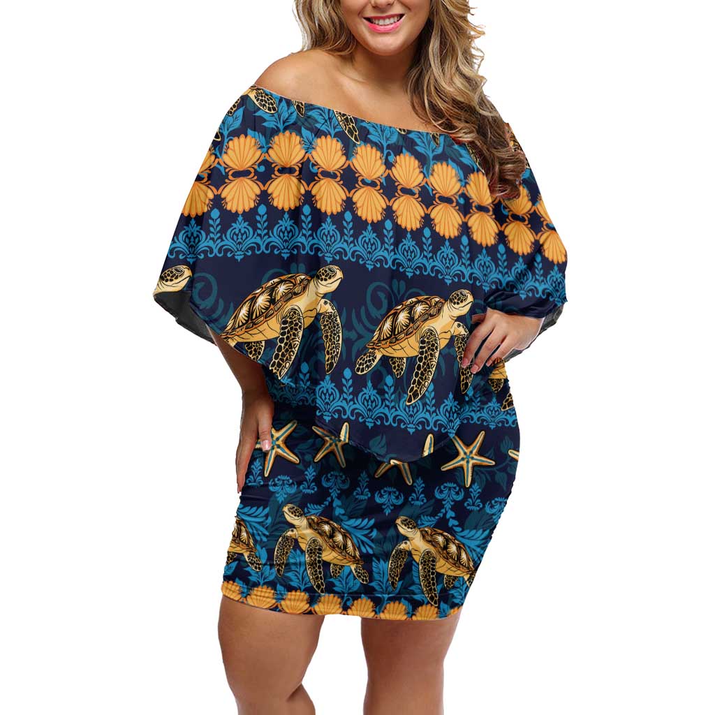 Hawaii Turtles Starfish Unique Pattern Off Shoulder Short Dress LT01 Women Blue - Polynesian Pride
