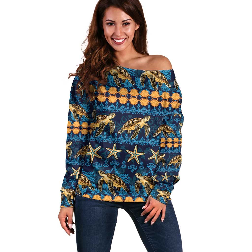 Hawaii Turtles Starfish Unique Pattern Off Shoulder Sweater LT01 Women Blue - Polynesian Pride