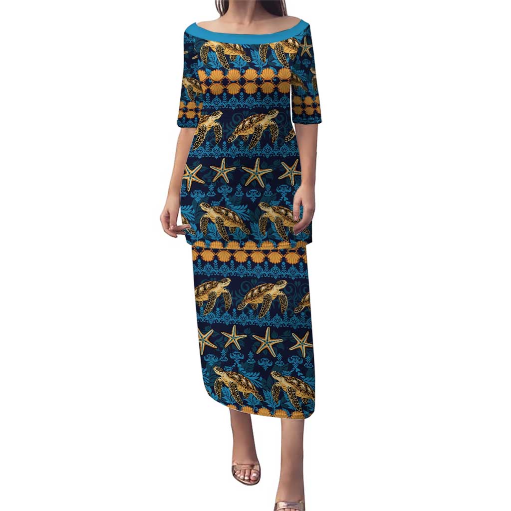 Hawaii Turtles Starfish Unique Pattern Puletasi LT01 Long Dress Blue - Polynesian Pride