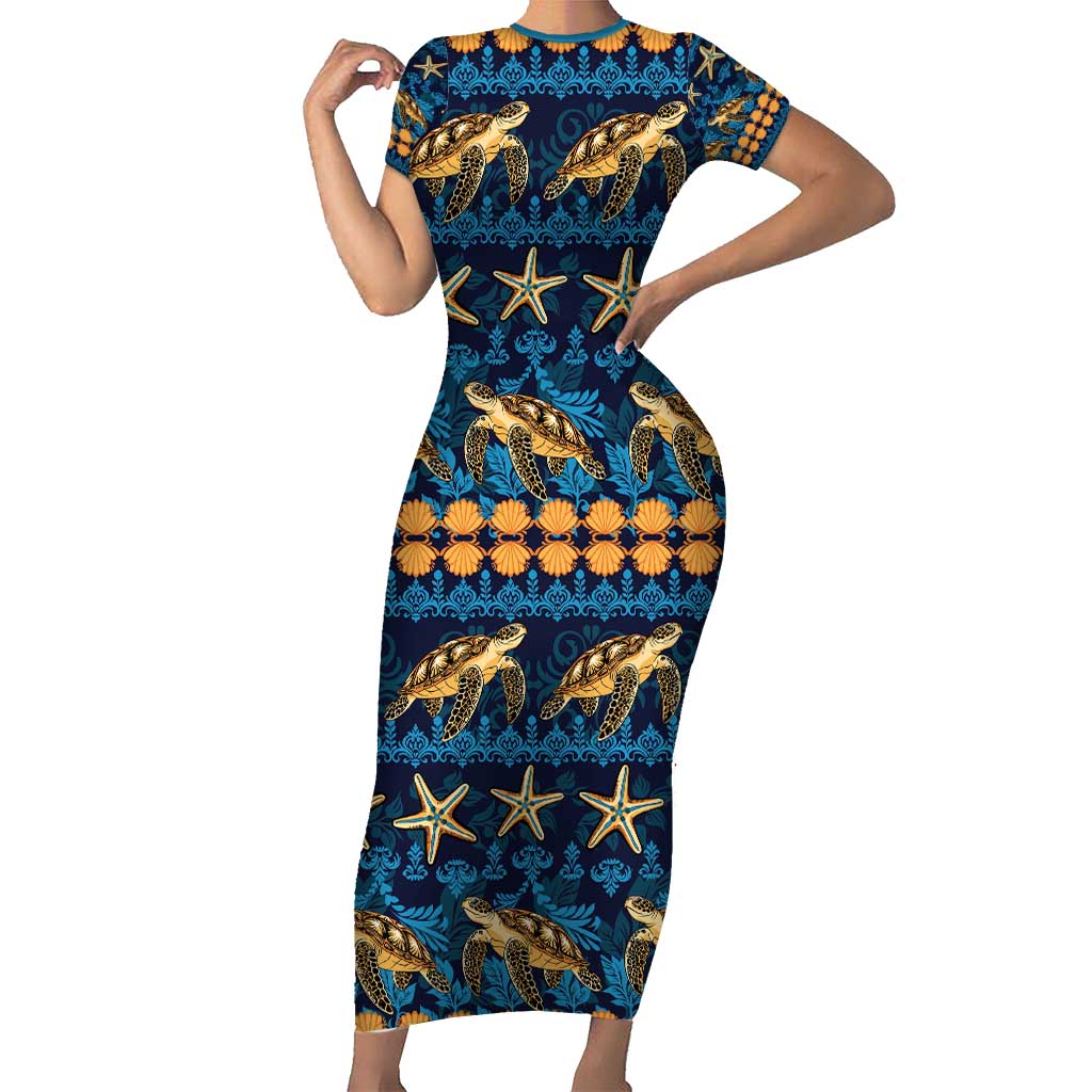 Hawaii Turtles Starfish Unique Pattern Short Sleeve Bodycon Dress LT01 Long Dress Blue - Polynesian Pride
