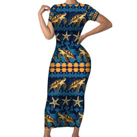 Hawaii Turtles Starfish Unique Pattern Short Sleeve Bodycon Dress LT01 Long Dress Blue - Polynesian Pride