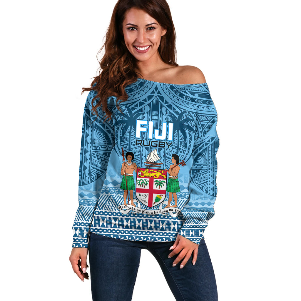 Custom Fiji Rugby Off Shoulder Sweater Fijian Go 2023 World Cup LT01 Women Blue - Polynesian Pride