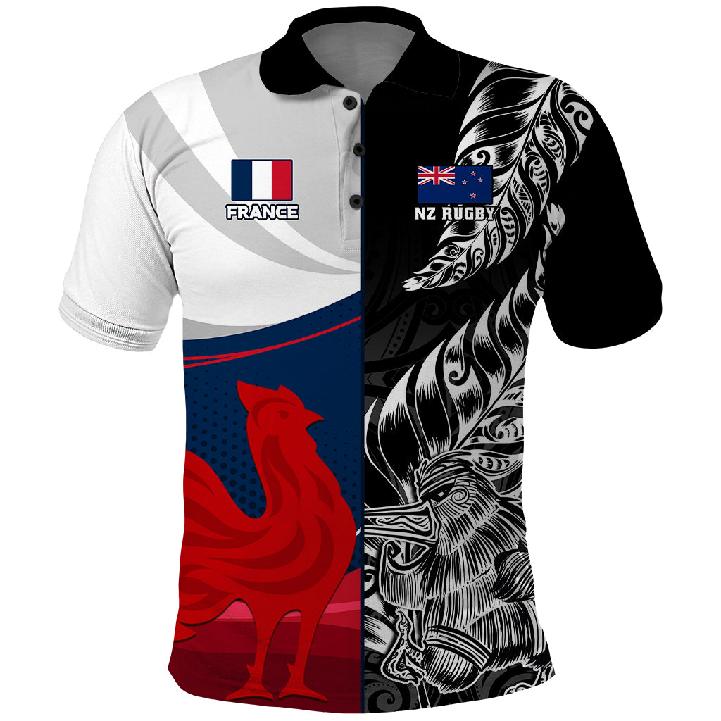 Custom New Zealand And France Rugby Polo Shirt XV de France Kiwi Silver Fern 2023 World Cup LT01 Black - Polynesian Pride