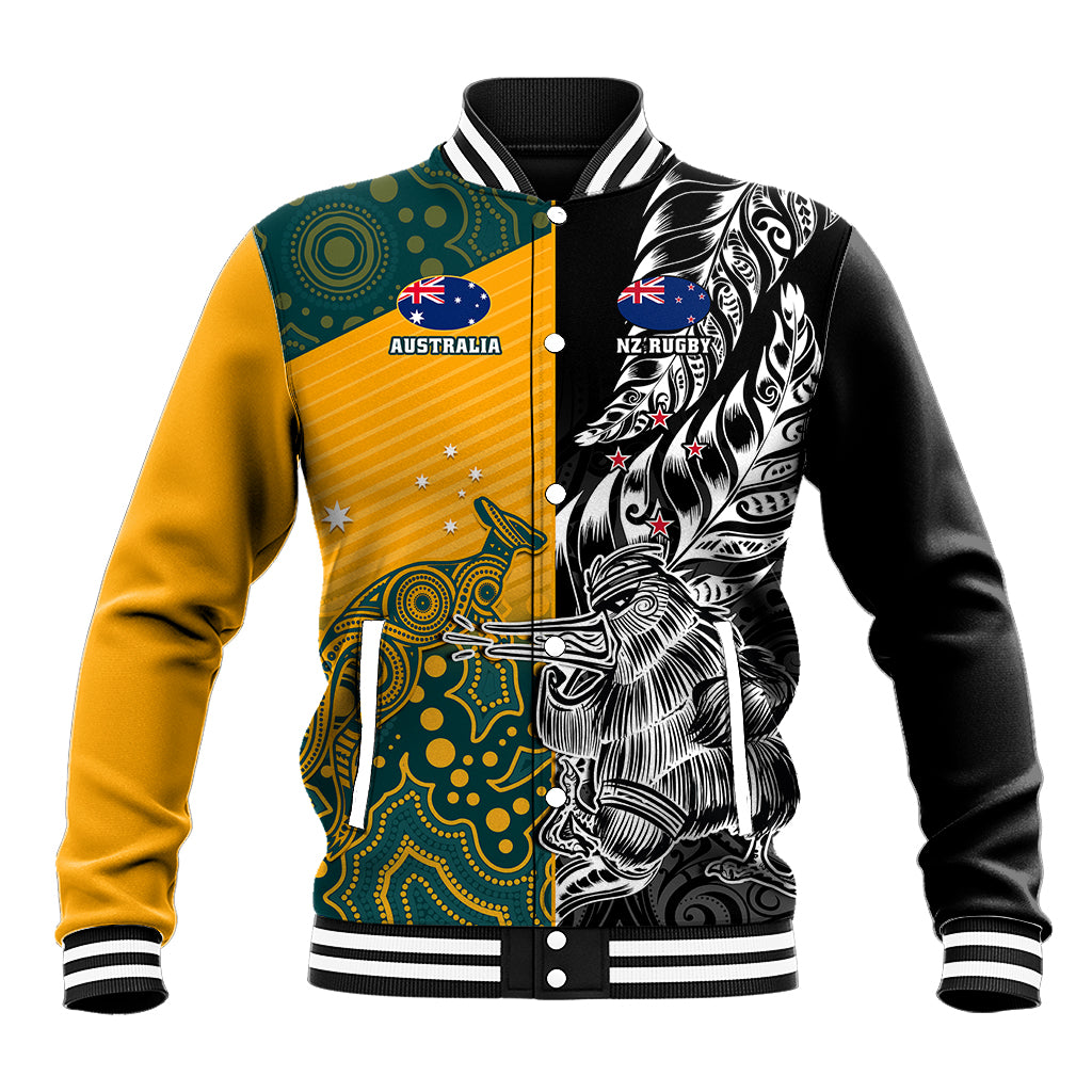 Custom New Zealand And Australia Rugby Baseball Jacket Wallabies Kiwi Silver Fern 2023 World Cup LT01 Unisex Black - Polynesian Pride