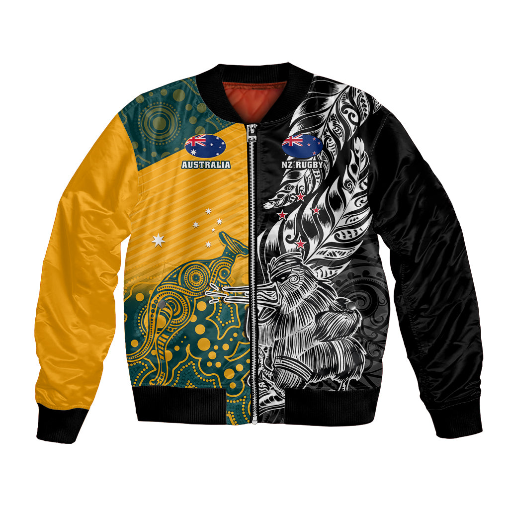 Custom New Zealand And Australia Rugby Bomber Jacket Wallabies Kiwi Silver Fern 2023 World Cup LT01 Unisex Black - Polynesian Pride