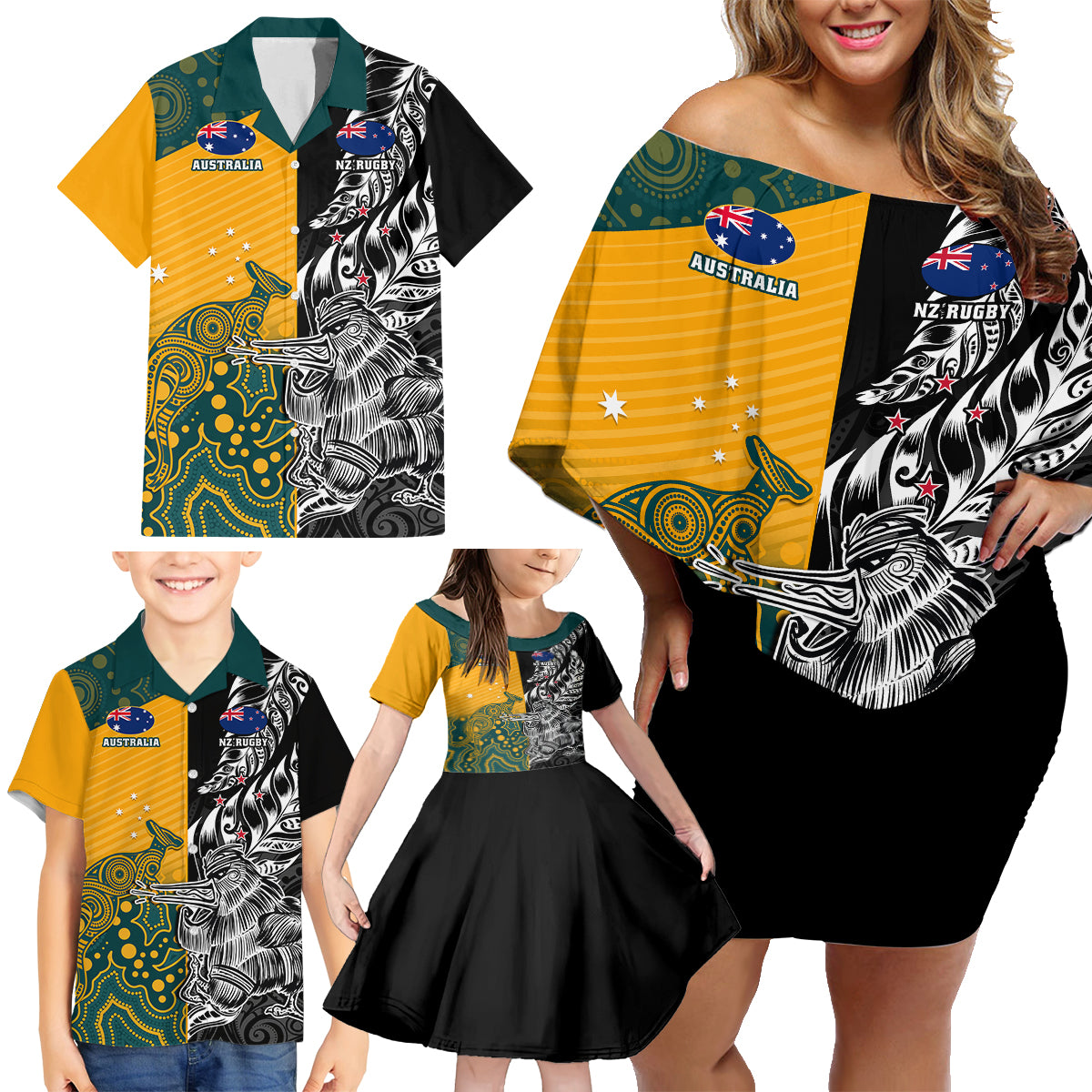 custom-new-zealand-and-ausrtralia-rugby-family-matching-off-shoulder-short-dress-and-hawaiian-shirt-wallabies-kiwi-silver-fern-2023-world-cup