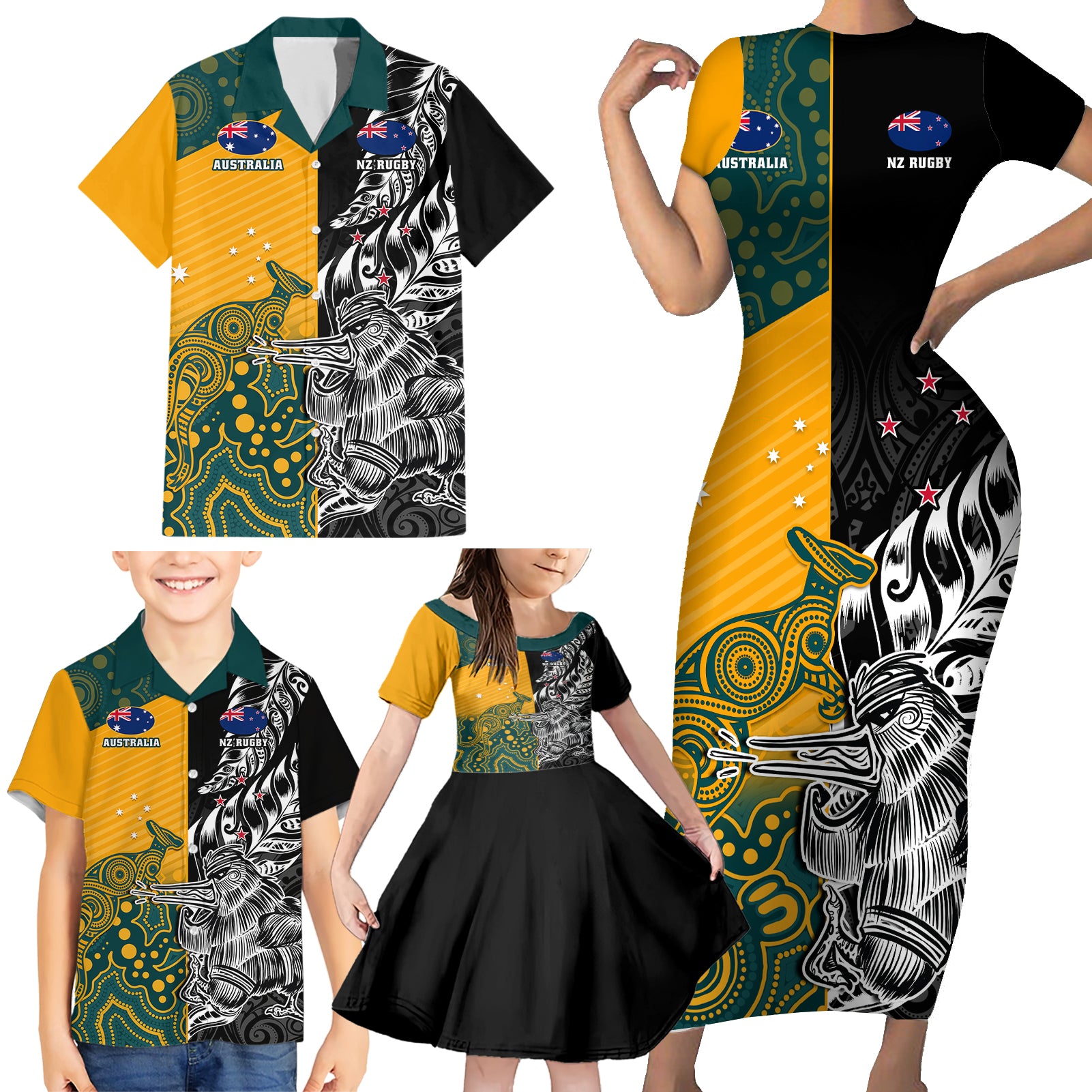 custom-new-zealand-and-ausrtralia-rugby-family-matching-short-sleeve-bodycon-dress-and-hawaiian-shirt-wallabies-kiwi-silver-fern-2023-world-cup