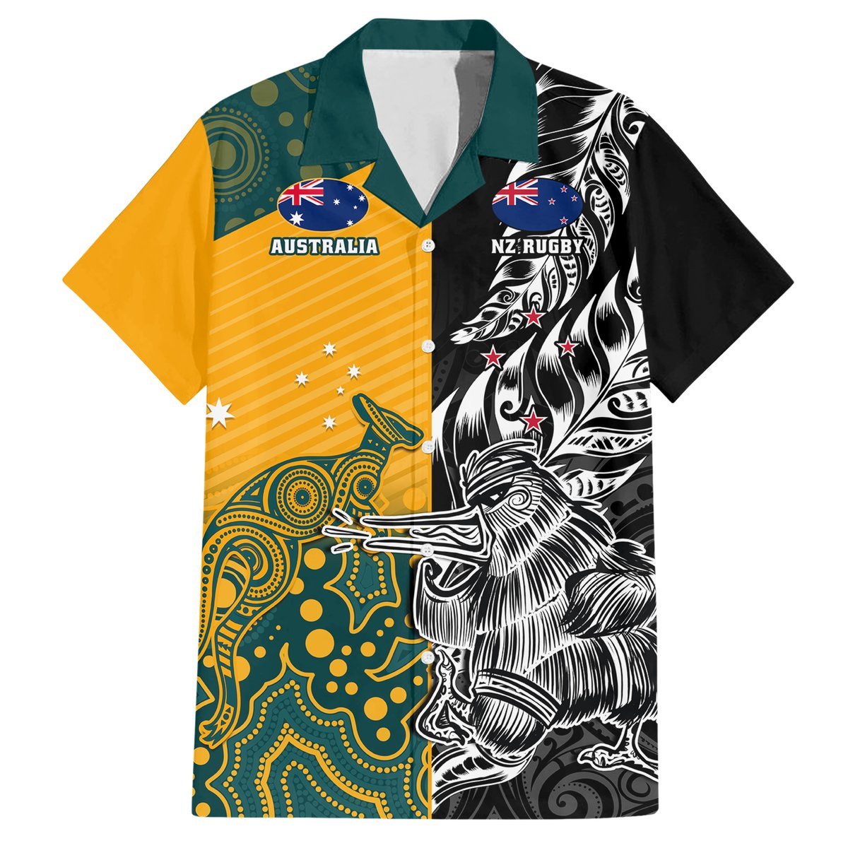 Custom New Zealand And Australia Rugby Hawaiian Shirt Wallabies Kiwi Silver Fern 2023 World Cup LT01 Black - Polynesian Pride