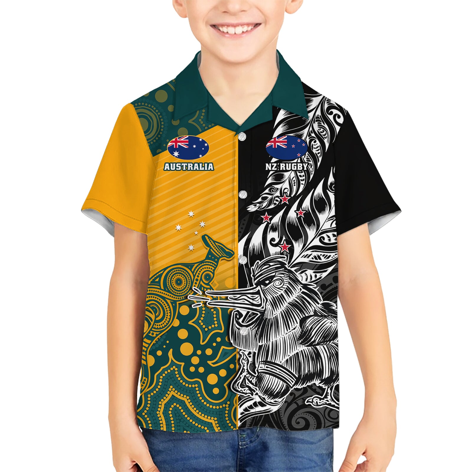 Custom New Zealand And Australia Rugby Kid Hawaiian Shirt Wallabies Kiwi Silver Fern 2023 World Cup LT01 Kid Black - Polynesian Pride