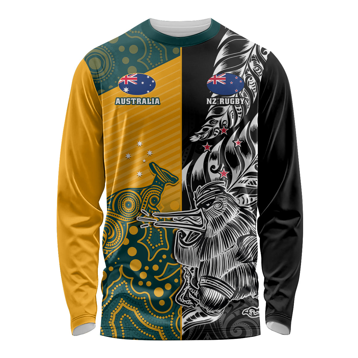 Custom New Zealand And Australia Rugby Long Sleeve Shirt Wallabies Kiwi Silver Fern 2023 World Cup LT01 Unisex Black - Polynesian Pride