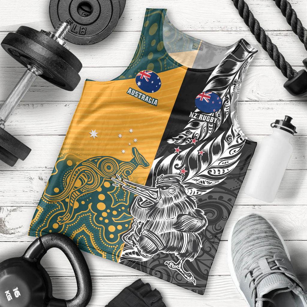 Custom New Zealand And Australia Rugby Men Tank Top Wallabies Kiwi Silver Fern 2023 World Cup LT01 Black - Polynesian Pride