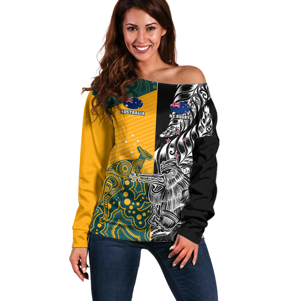 Custom New Zealand And Australia Rugby Off Shoulder Sweater Wallabies Kiwi Silver Fern 2023 World Cup LT01 Women Black - Polynesian Pride