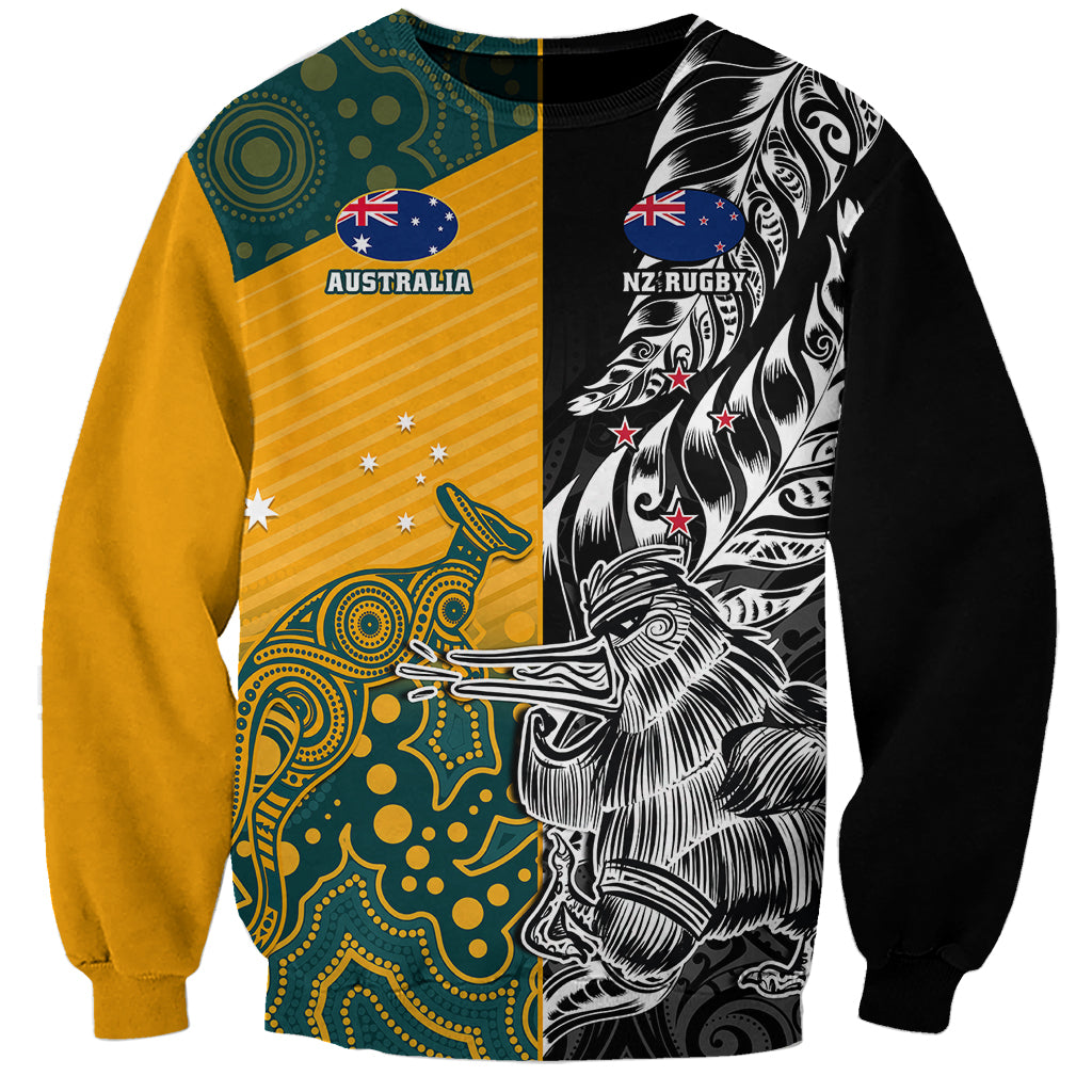 Custom New Zealand And Australia Rugby Sweatshirt Wallabies Kiwi Silver Fern 2023 World Cup LT01 Unisex Black - Polynesian Pride