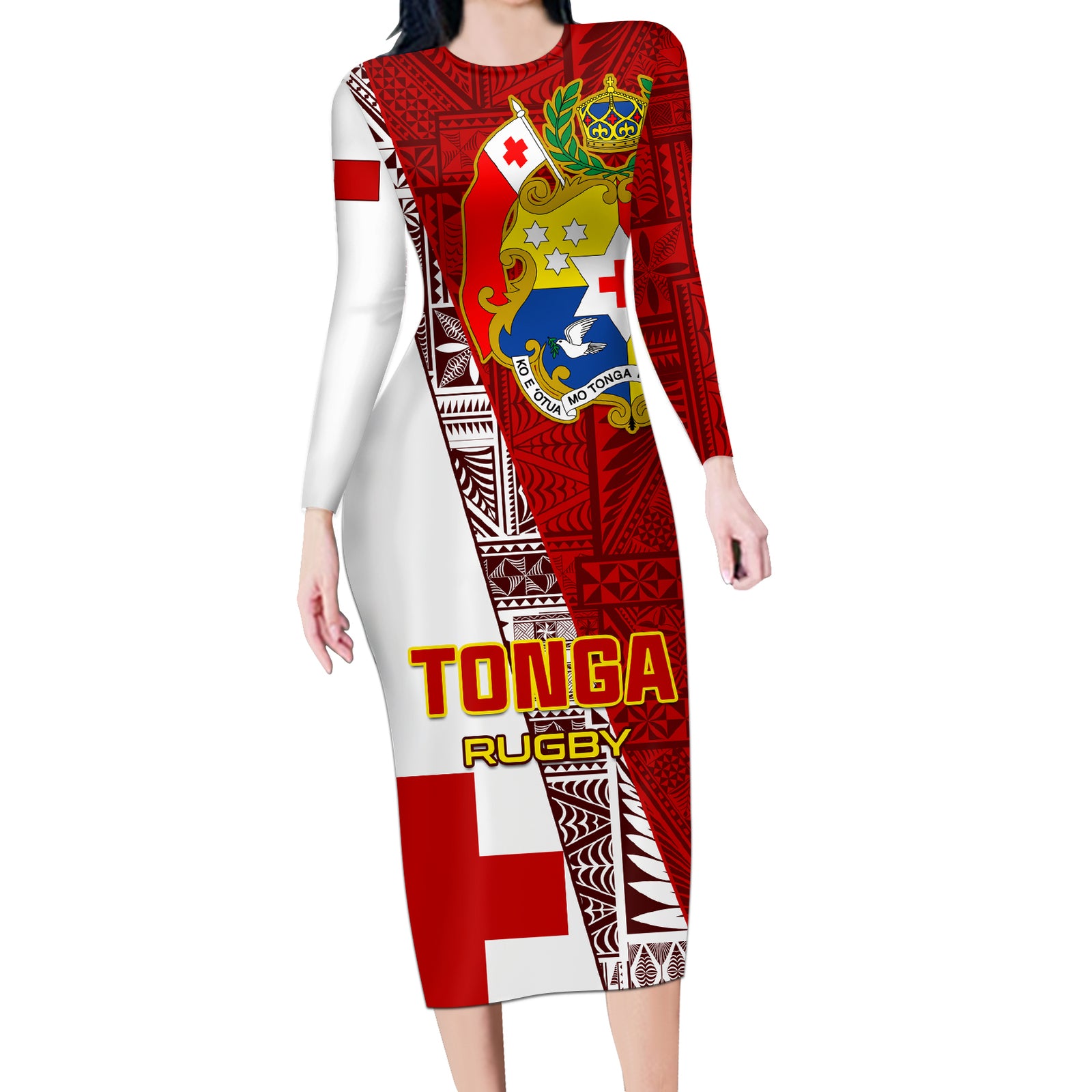 Custom Tonga Rugby Long Sleeve Bodycon Dress Tongan Go 2023 World Cup LT01 Long Dress Red - Polynesian Pride