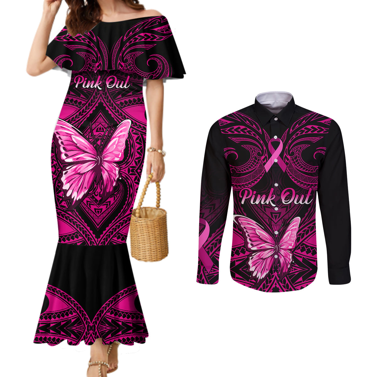 personalised-pink-out-couples-matching-mermaid-dress-and-long-sleeve-button-shirts-breast-cancer-awareness-polynesian-pattern-black-version