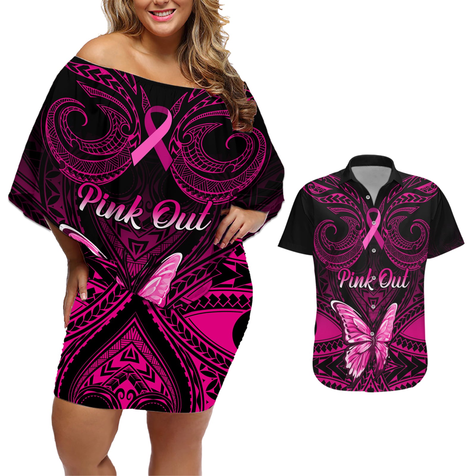 personalised-pink-out-couples-matching-off-shoulder-short-dress-and-hawaiian-shirt-breast-cancer-awareness-polynesian-pattern-black-version