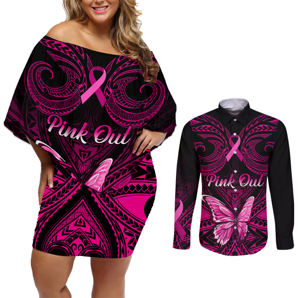 personalised-pink-out-couples-matching-off-shoulder-short-dress-and-long-sleeve-button-shirts-breast-cancer-awareness-polynesian-pattern-black-version