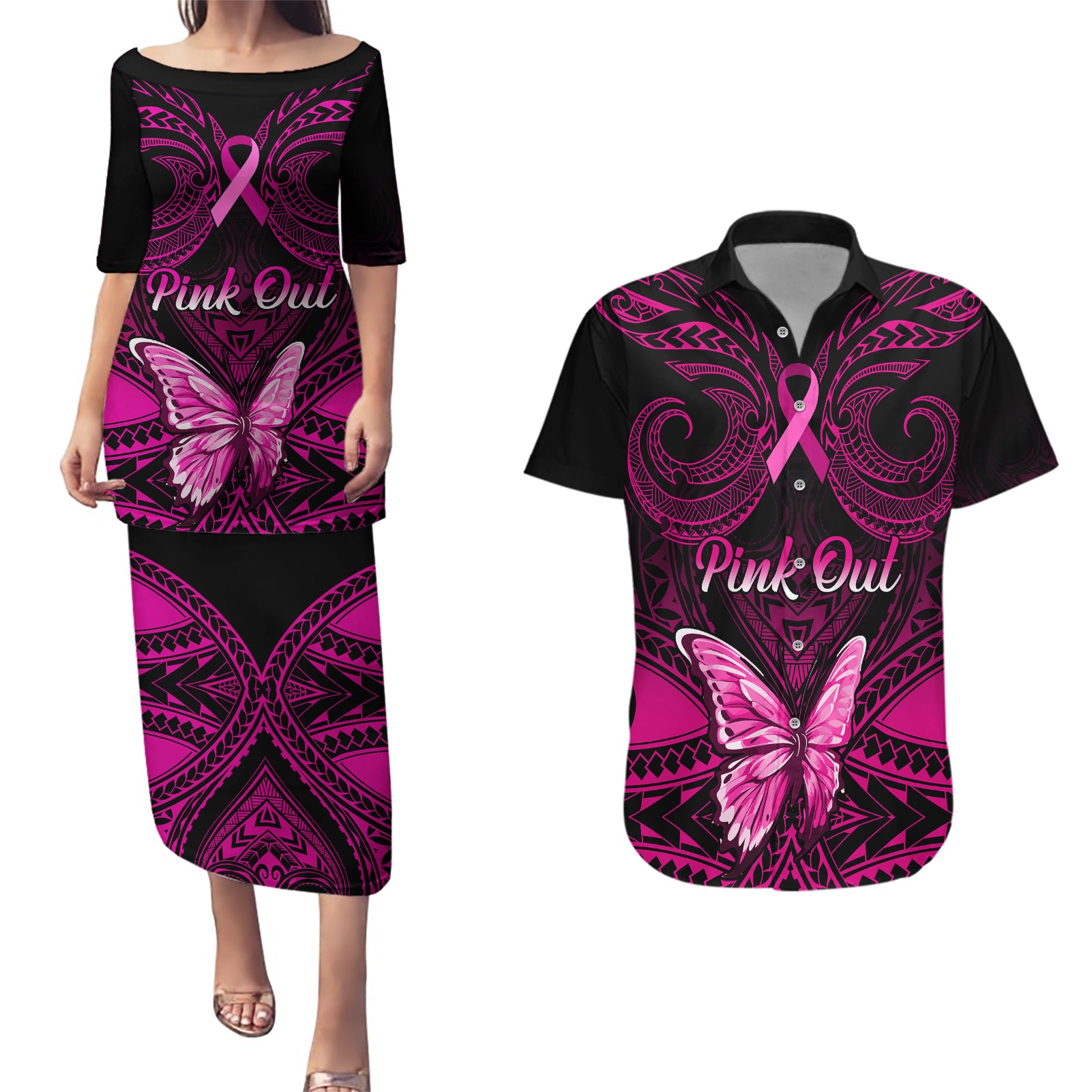 personalised-pink-out-couples-matching-puletasi-dress-and-hawaiian-shirt-breast-cancer-awareness-polynesian-pattern-black-version