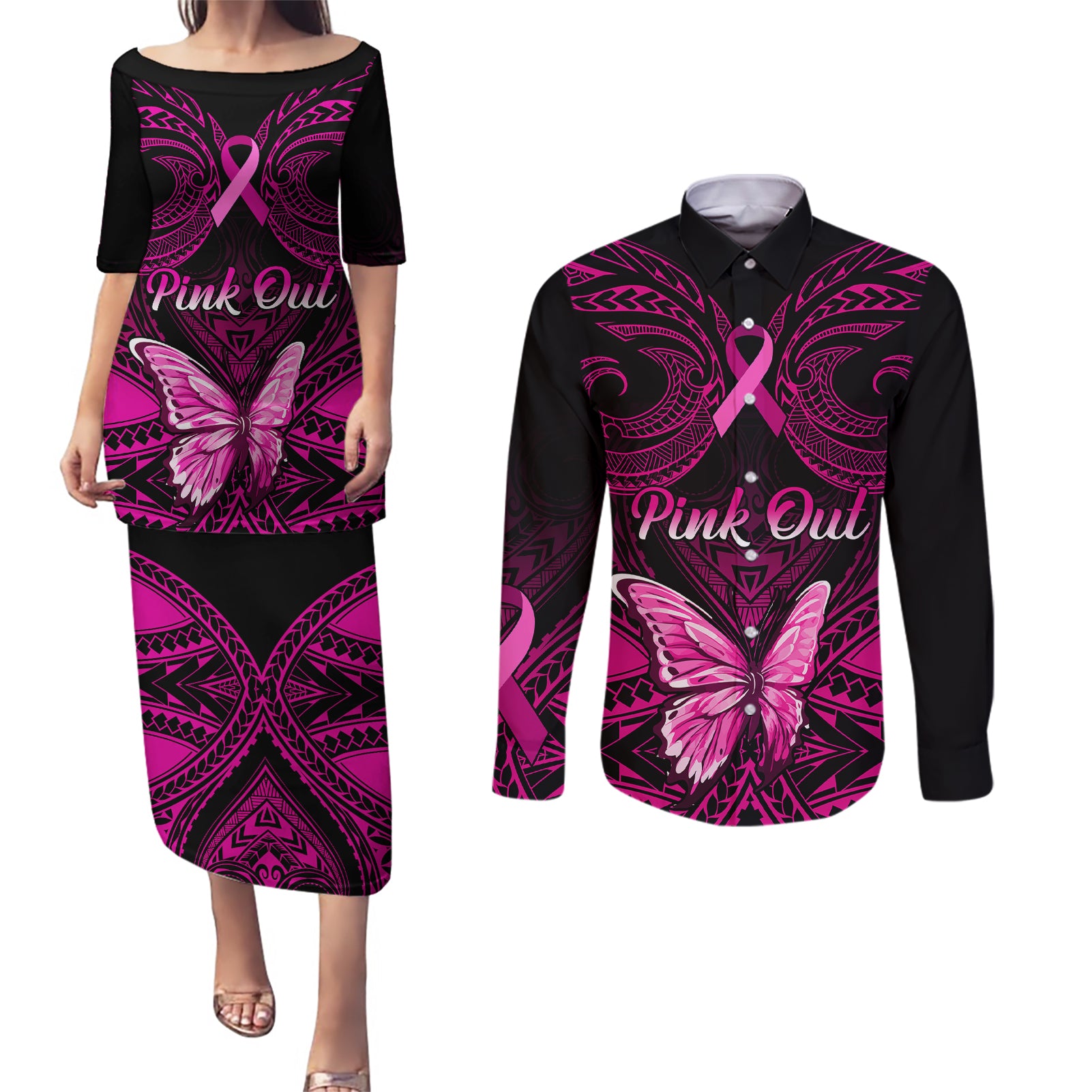 personalised-pink-out-couples-matching-puletasi-dress-and-long-sleeve-button-shirts-breast-cancer-awareness-polynesian-pattern-black-version