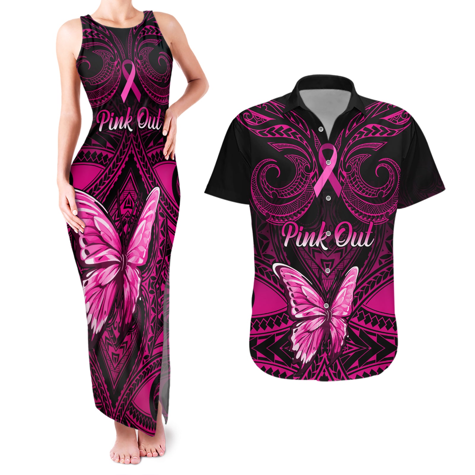 personalised-pink-out-couples-matching-tank-maxi-dress-and-hawaiian-shirt-breast-cancer-awareness-polynesian-pattern-black-version