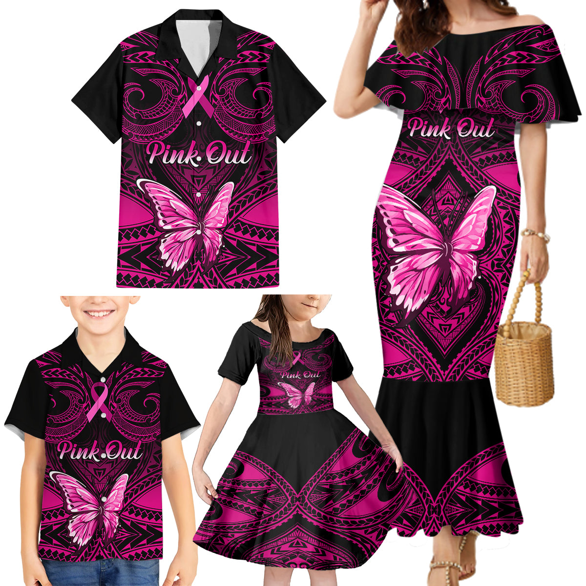 personalised-pink-out-family-matching-mermaid-dress-and-hawaiian-shirt-breast-cancer-awareness-polynesian-pattern-black-version