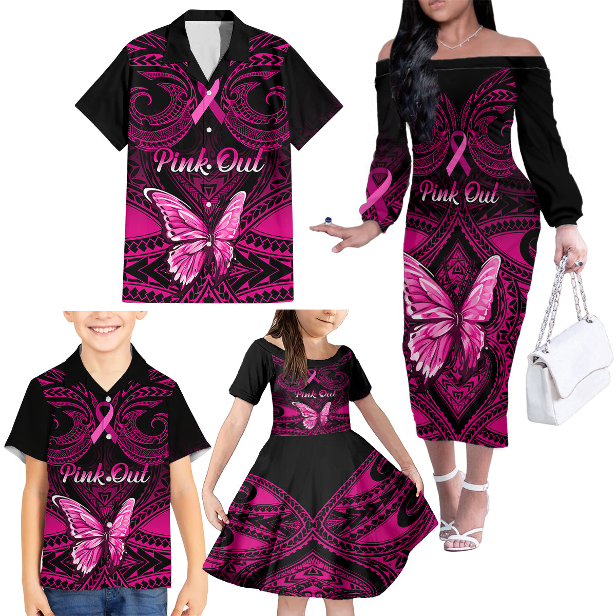 personalised-pink-out-family-matching-off-shoulder-long-sleeve-dress-and-hawaiian-shirt-breast-cancer-awareness-polynesian-pattern-black-version