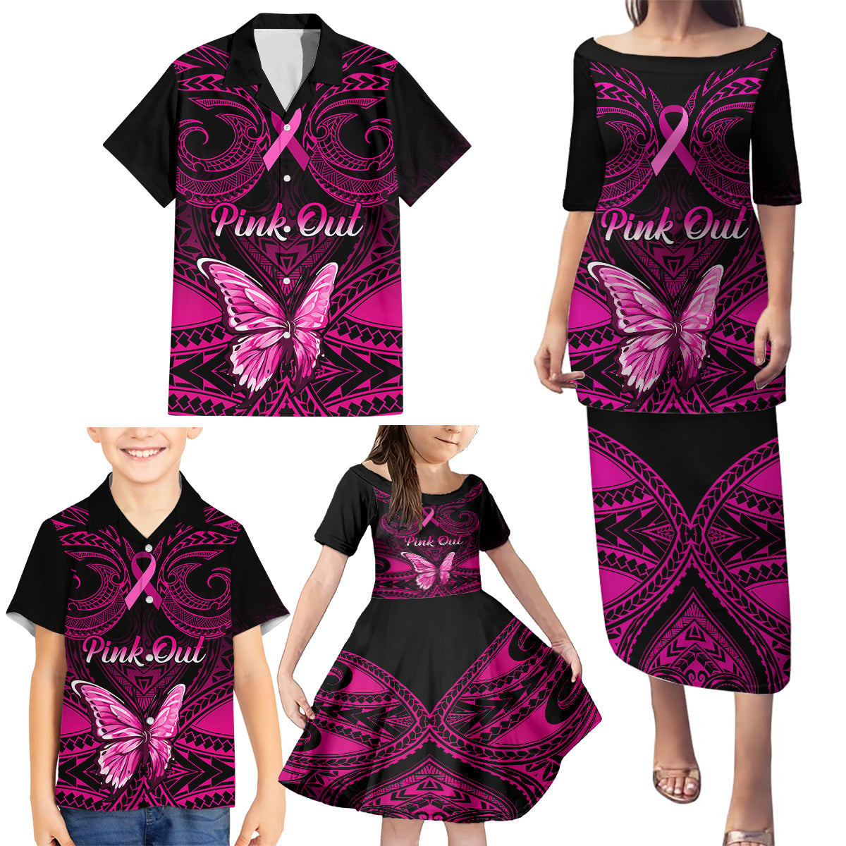 Personalised Pink Out Family Matching Puletasi Dress and Hawaiian Shirt Breast Cancer Awareness Polynesian Pattern Black Version LT01 - Polynesian Pride