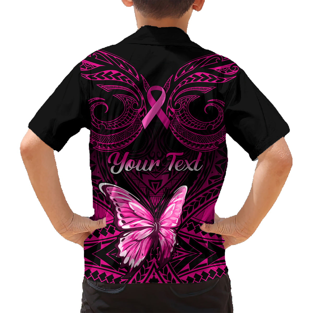 Personalised Pink Out Kid Hawaiian Shirt Breast Cancer Awareness Polynesian Pattern Black Version LT01 - Polynesian Pride