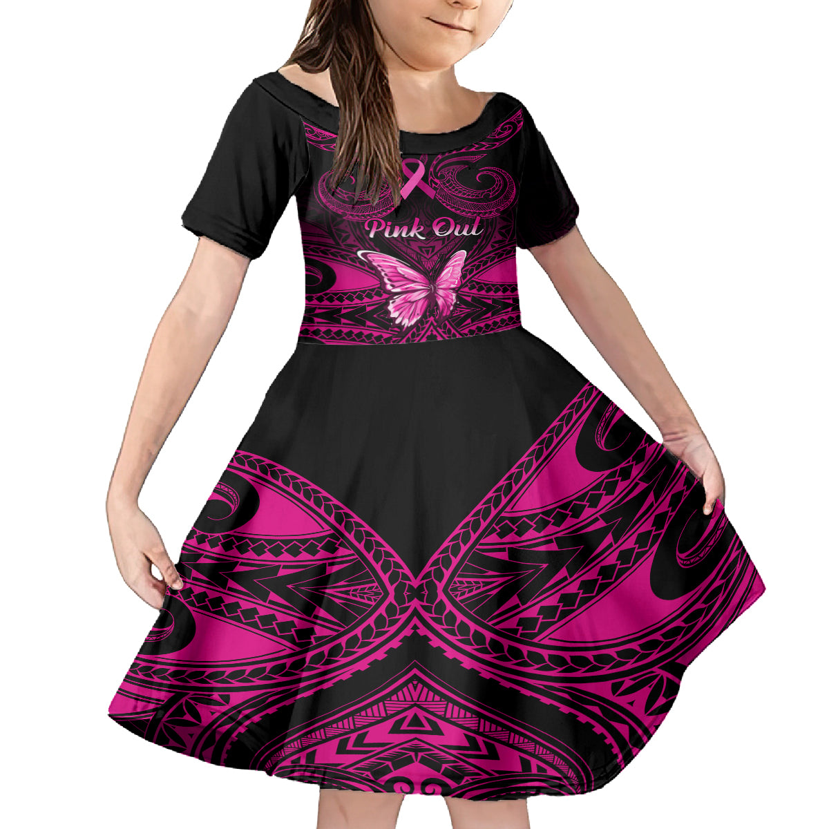 Personalised Pink Out Kid Short Sleeve Dress Breast Cancer Awareness Polynesian Pattern Black Version LT01 KID Black - Polynesian Pride